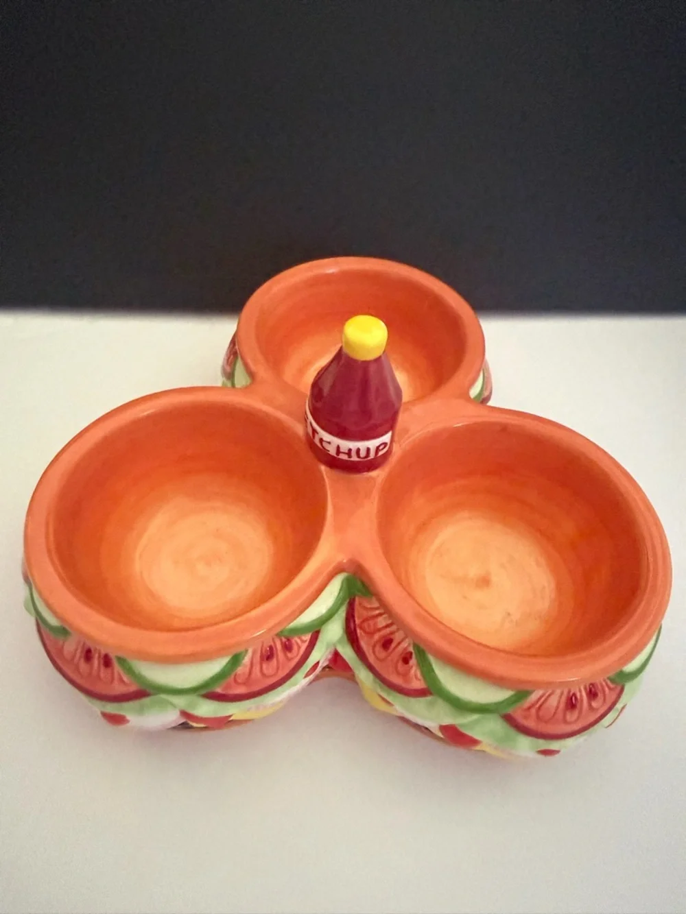 Ceramic Triple Dip Server Dish Cheeseburger with Ketchup Bottle